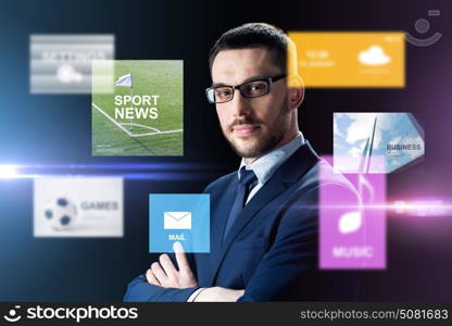 business, people and technology concept - businessman in glasses over black background with virtual applications. businessman in glasses over black