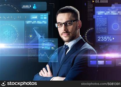 business, people and technology concept - businessman in glasses over black background with virtual screens. businessman in glasses over black