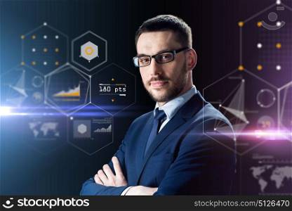 business, people and technology concept - businessman in glasses over black background with virtual screens. businessman in glasses over black
