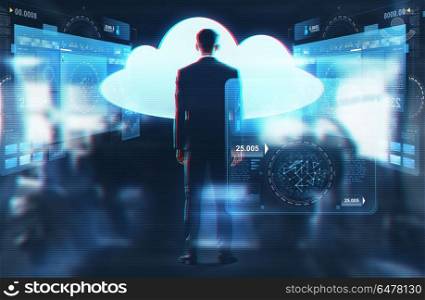 business, people and technology concept - businessman in suit looking at virtual cloud hologram over abstract background. businessman looking at virtual cloud hologram. businessman looking at virtual cloud hologram