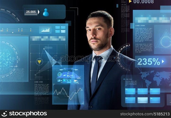 business, people and technology concept - businessman in suit over black background with virtual screens. businessman in suit over black