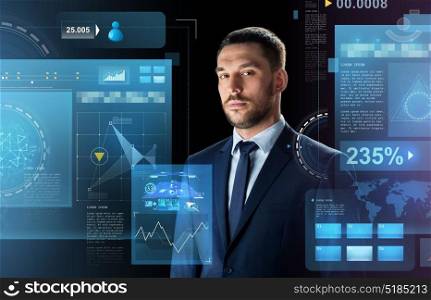 business, people and technology concept - businessman in suit over black background with virtual screens. businessman in suit over black