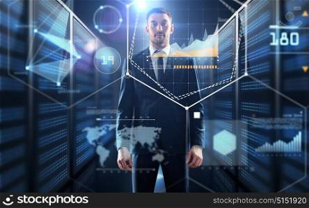 business, people and technology concept - businessman in suit with charts on virtual screen over server room background. businessman with charts on virtual screen