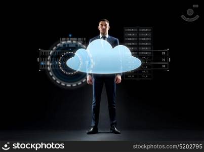 business, people and technology concept - businessman in suit with virtual cloud hologram over black background. businessman in suit with virtual cloud hologram