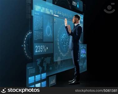 business, people and technology concept - businessman in suit working with virtual screens projection over black background. businessman with virtual screens projection