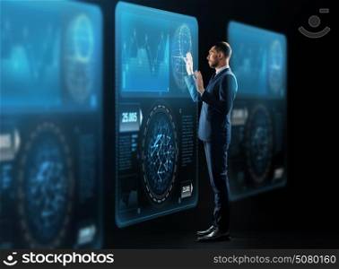 business, people and technology concept - businessman in suit working with virtual screens projection over black background. businessman with virtual screens projection