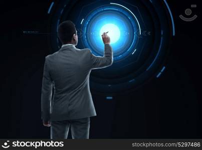 business, people and technology concept - businessman with marker and virtual screen from back over black background. businessman working with virtual reality screen