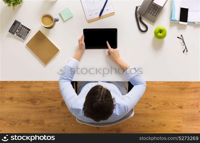 business, people and technology concept - businesswoman with tablet pc computer working at office. businesswoman with tablet pc at office