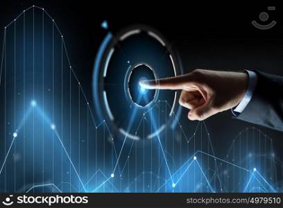 business, people and technology concept - close up of businessman hand pointing finger to chart on virtual screen projection over black background. close up of hand pointing finger to virtual chart