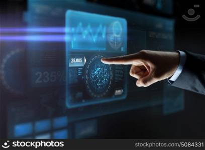 business, people and technology concept - close up of businessman hand pointing finger to virtual screen projection over black background. close up of hand pointing finger to virtual screen. close up of hand pointing finger to virtual screen