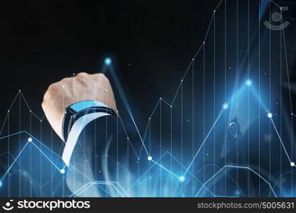 business, people and technology concept - close up of businessman hand with smartwatch and diagram chart virtual projection over black background. close up of businessman hand with smartwatch