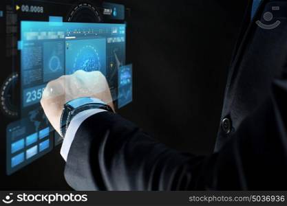 business, people and technology concept - close up of businessman hand with smartwatch and virtual screen projection over black background. close up of businessman hand with smartwatch