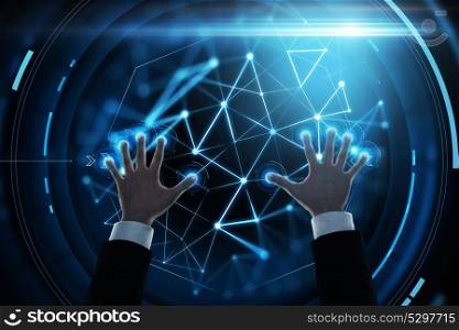 business, people and technology concept - close up of businessman hands working with virtual low poly hologram over black background. close up of businessman hands