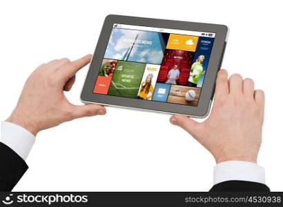 business, people and technology concept - close up of man hands holding tablet pc computer with on screen