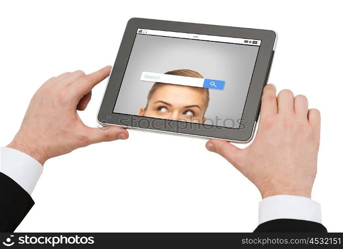 business, people and technology concept - close up of man hands holding tablet pc computer with internet browser search bar on screen