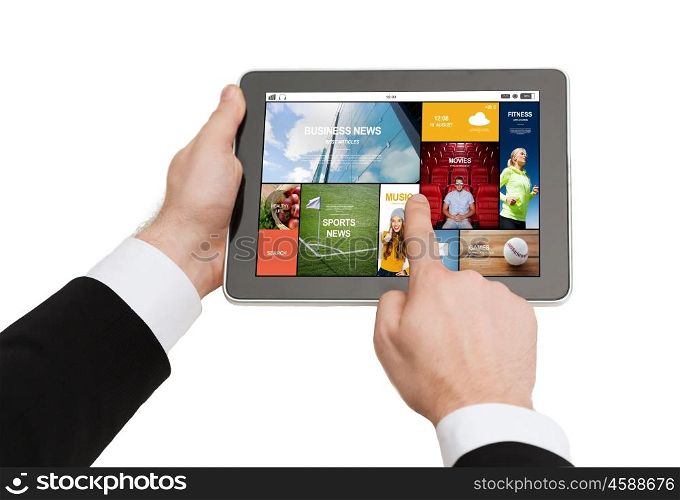 business, people and technology concept - close up of man hands holding tablet pc computer with internet news application on screen