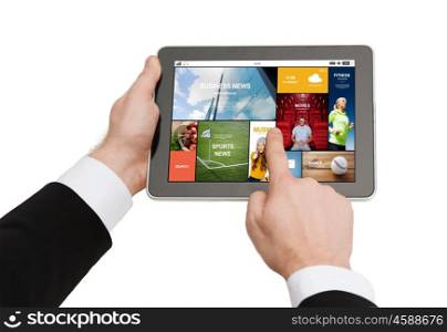 business, people and technology concept - close up of man hands holding tablet pc computer with internet news application on screen