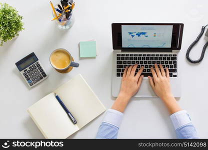 business, people and technology concept - hands of businesswoman with laptop computer working at office. hands of businesswoman working on laptop at office