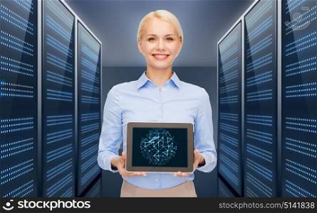 business, people and technology concept - happy smiling businesswoman holding tablet pc computer over futuristic server room background. businesswoman with tablet pc over server room