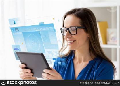 business, people and technology concept - happy smiling woman in glasses with tablet pc computer and virtual projection working at home or office. woman with tablet pc working at home or office