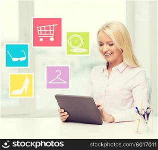 business, people and technology concept - smiling businesswoman or student with tablet pc computer shopping online in office