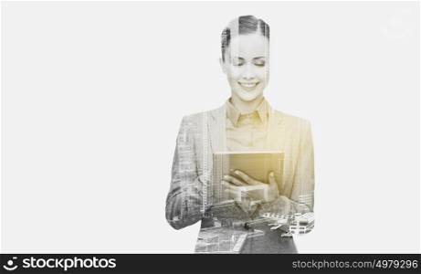 business, people and technology concept - smiling woman with tablet pc computer over city buildings and double exposure effect. smiling woman with tablet pc computer