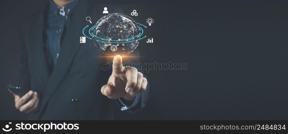 Business people are pointing smart business technology, global internet connection and digital marketing, finance and banking, digital link technology, big data.