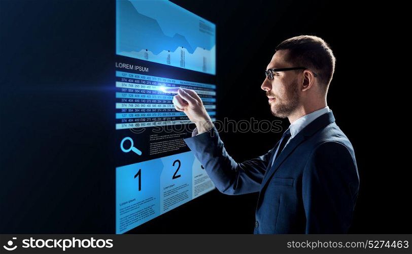 business, people, augmented reality and finances concept - businessman working with stock charts on virtual screens over black background. businessman with stock charts on virtual screens