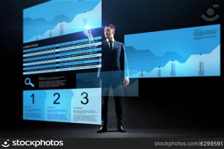 business, people, augmented reality and finances concept - businessman working with stock charts on virtual screens over black background. businessman with stock charts on virtual screens