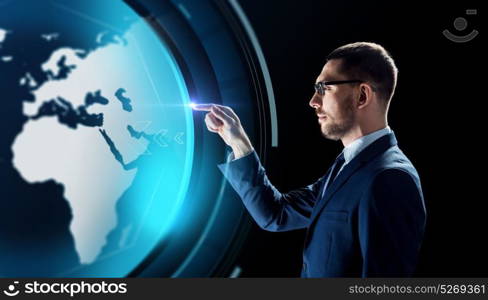 business, people, augmented reality and future technology concept - businessman with virtual earth hologram over black background. businessman with earth hologram over black