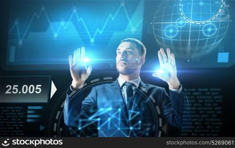 business, people, augmented reality and future technology concept - businessman working with charts on virtual screen over black background. businessman working with charts on virtual screen