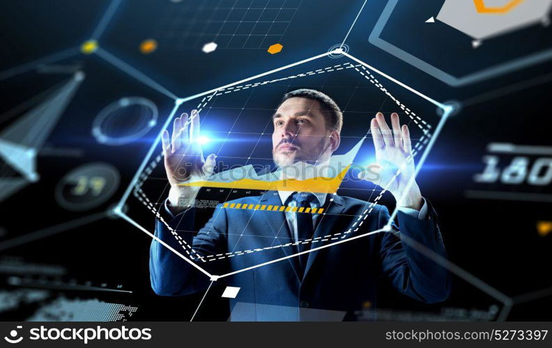 business, people, augmented reality and future technology concept - businessman working with charts on virtual screen over black background. businessman working with charts on virtual screen