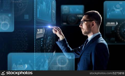 business, people, augmented reality and future technology concept - businessman working with charts on virtual screen over black background. businessman working with charts on virtual screen