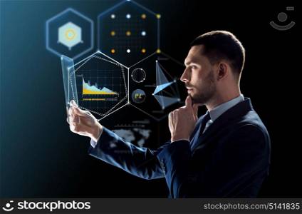 business, people, augmented reality and modern technology concept - businessman in suit working with transparent tablet pc computer and virtual charts projection over black background. businessman working with transparent tablet pc