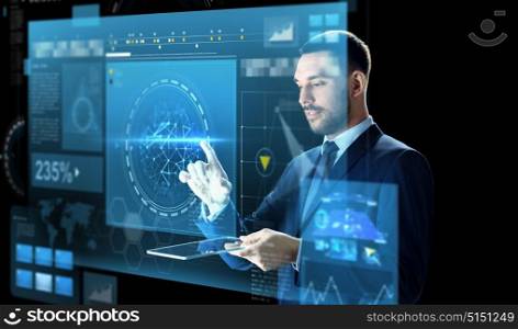 business, people, augmented reality and modern technology concept - businessman in suit working with transparent tablet pc computer and virtual screen projection over black background. businessman with tablet pc and virtual screen