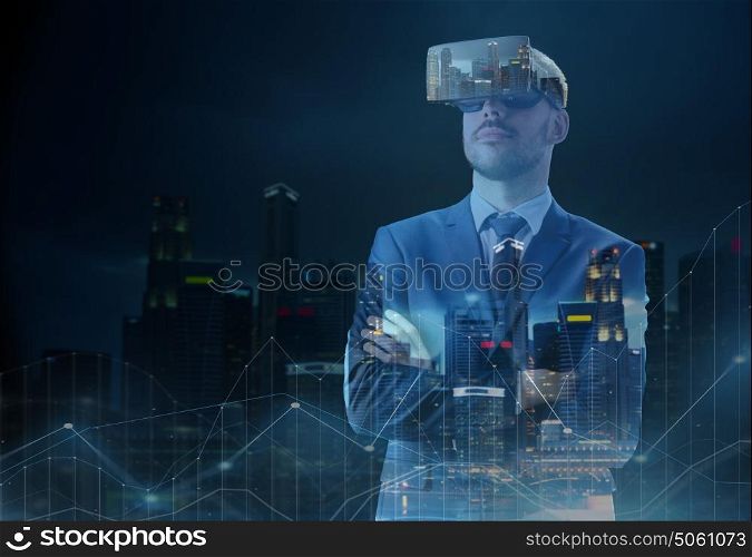 business, people, augmented reality and modern technology concept - businessman in virtual headset over singapore city skyscrapers background and diagram charts. businessman in virtual reality headset over city