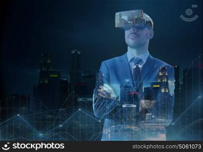 business, people, augmented reality and modern technology concept - businessman in virtual headset over singapore city skyscrapers background and diagram charts. businessman in virtual reality headset over city