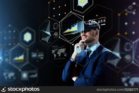 business, people, augmented reality and modern technology concept - businessman in virtual headset looking at projection over black background. businessman in virtual reality headset over black