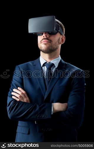 business, people, augmented reality and modern technology concept - businessman in virtual headset over black background. businessman in virtual reality headset over black