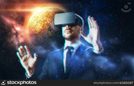 business, people, augmented reality and modern technology concept - businessman in virtual headset over space background. businessman in virtual reality headset over space. businessman in virtual reality headset over space