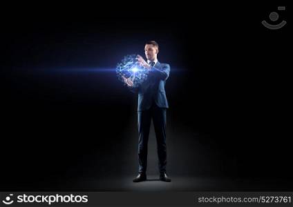 business, people, augmented reality and network concept - businessman working with virtual low poly projection over black background. businessman with virtual low poly projection