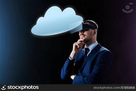 business, people, augmented reality, cyberspace and modern technology concept - businessman in virtual headset looking at cloud computing projection over black background. businessman in virtual reality headset with cloud