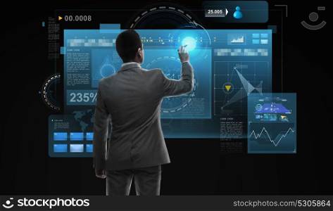 business, people, big data and technology concept - businessman with marker and virtual screen from back over black background. businessman working with virtual reality screens