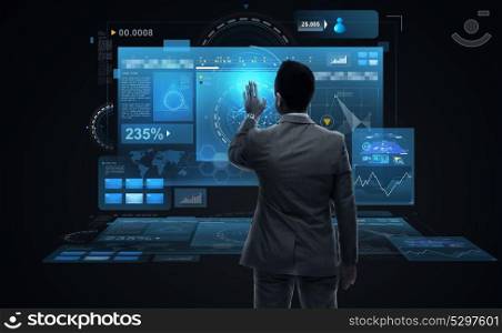 business, people, big data and technology concept - businessman working with virtual reality screens from back over black background. businessman working with virtual reality screens