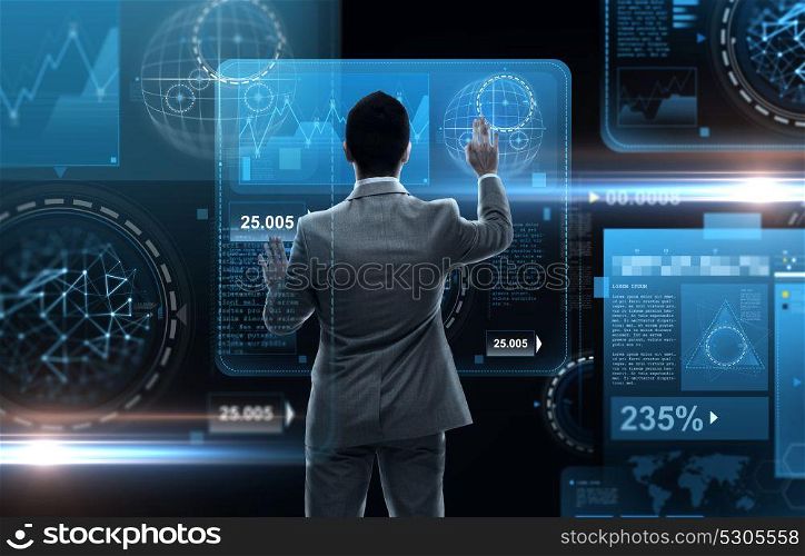 business, people, big data and technology concept - businessman working with virtual reality screens from back over black background. businessman working with virtual reality screens
