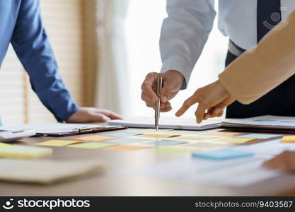 Business People brainstorming Meeting Design Ideas use post it notes to share idea professional investor start up project business brainstorming planning in office.