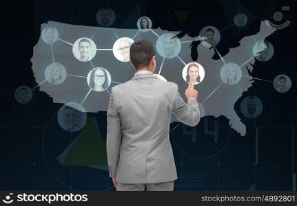 business, people, communication, cooperation and technology concept - businessman touching virtual screen with contacts icons and usa or america map over dark on background