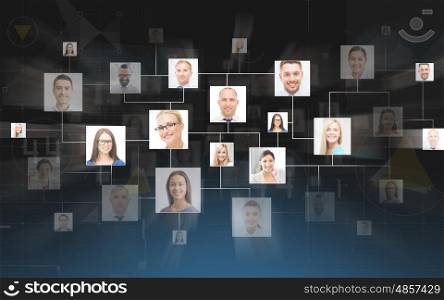 business, people, communication, social network and technology concept - contacts icons over dark blue background