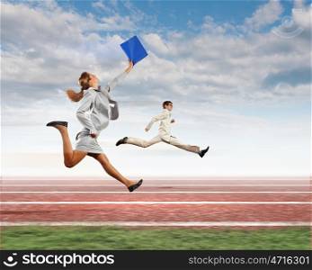 Business people competing. Image of business people running on tracks. Competition concept