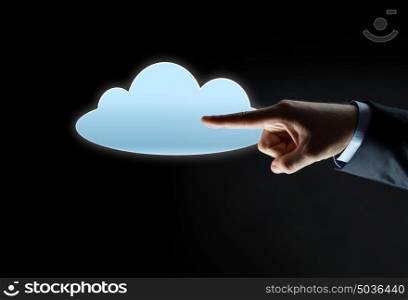 business, people, computing and technology concept - close up of businessman hand pointing finger to virtual cloud projection over black background. close up of hand pointing finger to